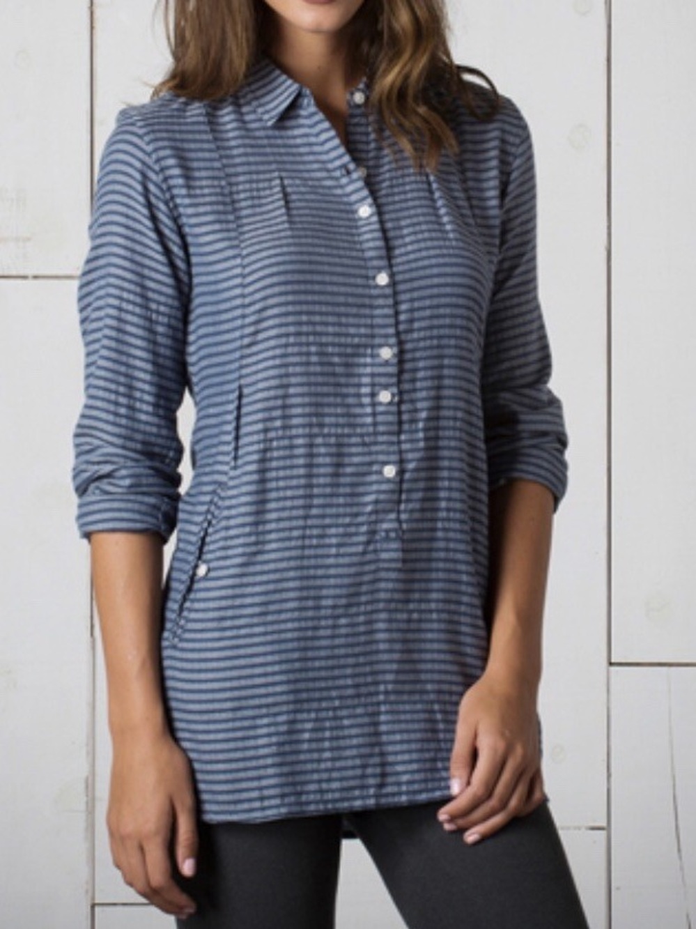 Toad and Co Mixologist organic cotton Tunic Blue Size M Button Front Popover